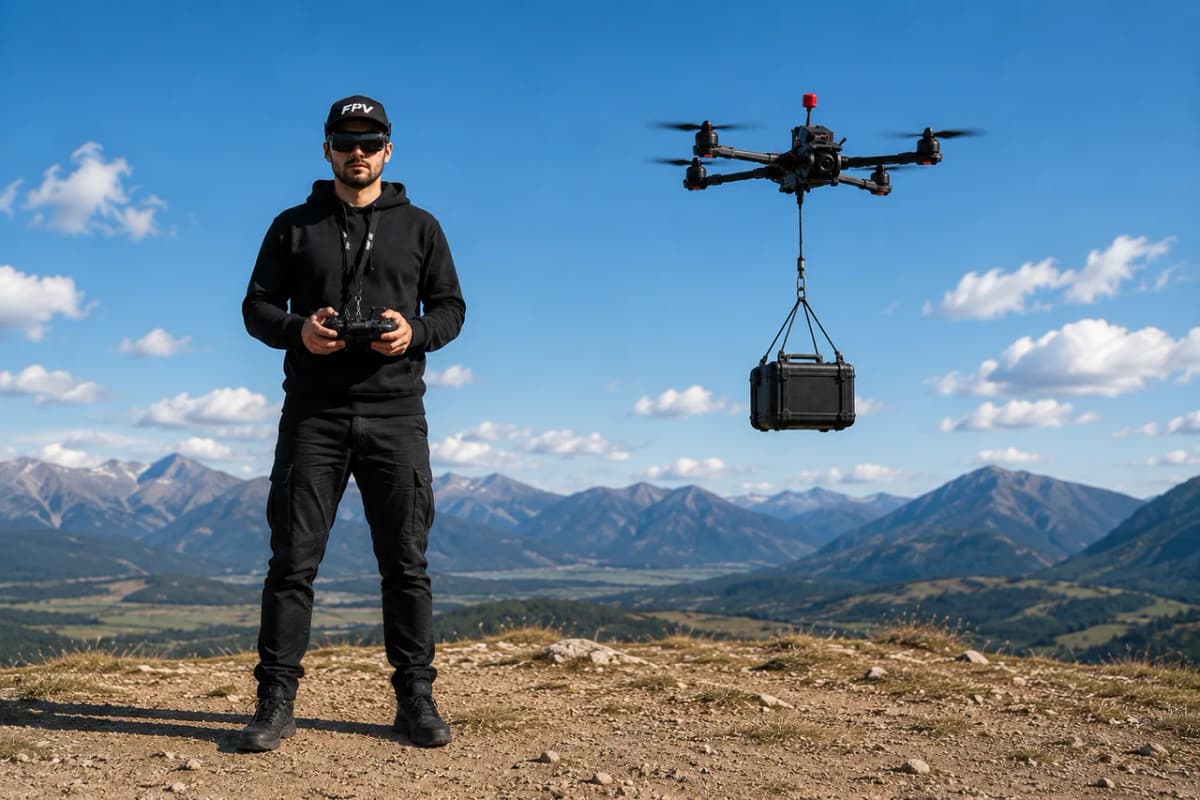 FPV pilot operating a heavy-lift drone carrying cargo over mountain terrain