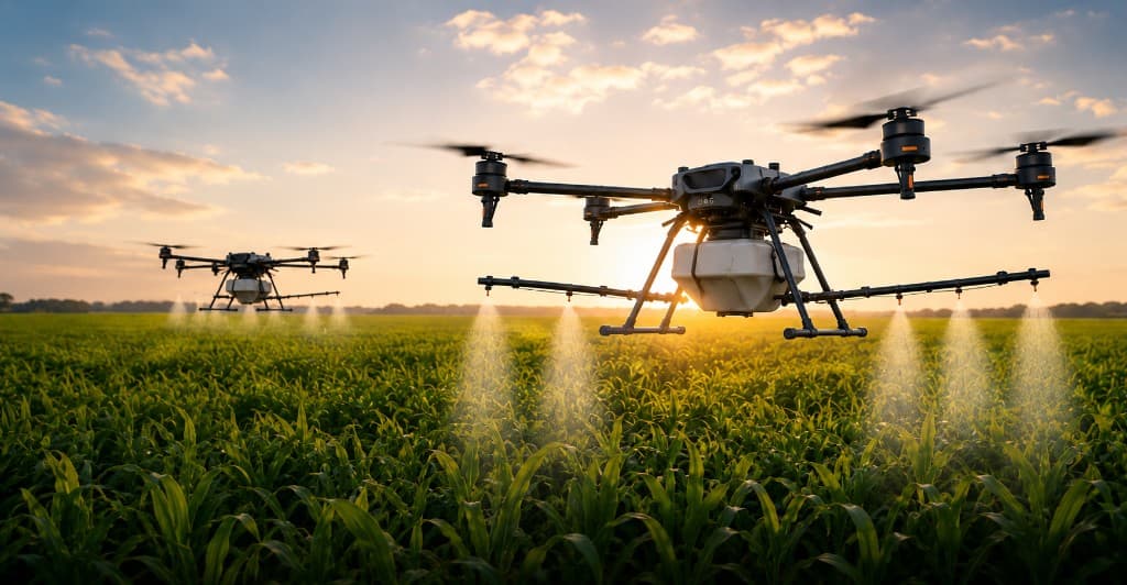 Agricultural drones spraying pesticides and fertilizers over a green crop field at sunrise