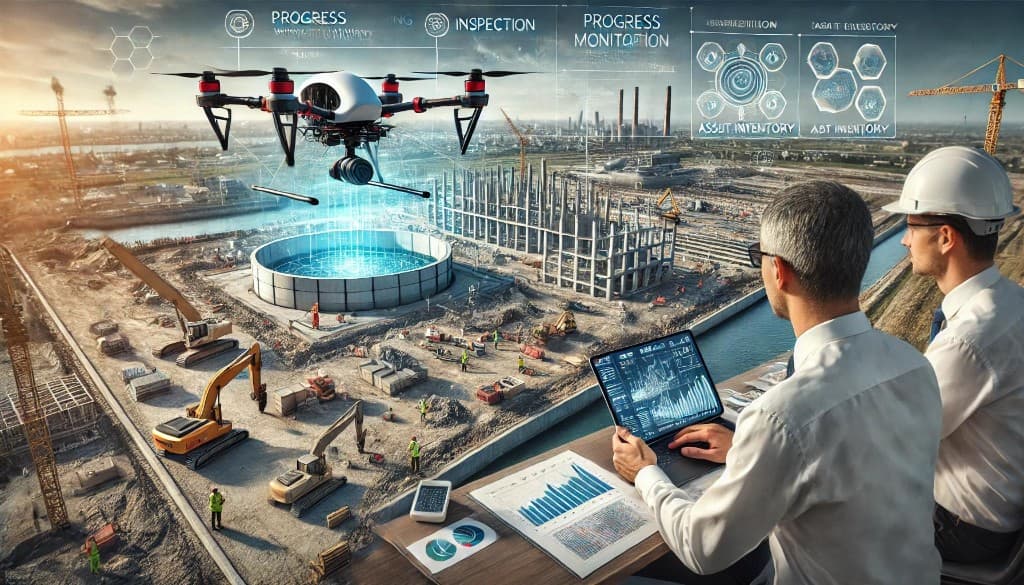 Drone scanning a construction site while engineers review progress data at sunset