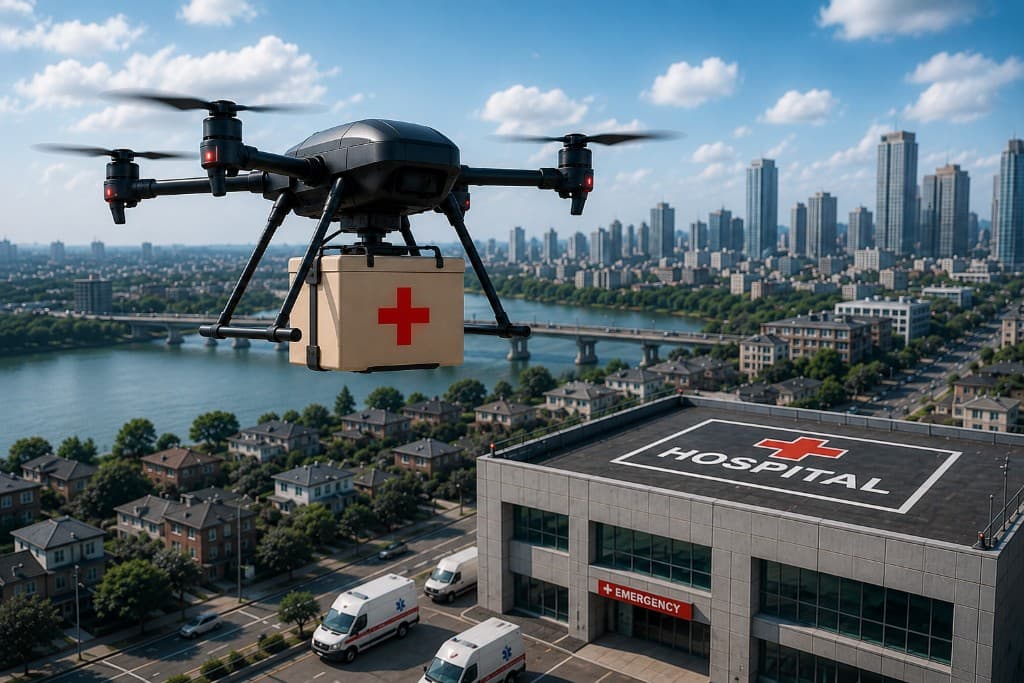Delivery drone carrying medical supplies over a city toward a hospital