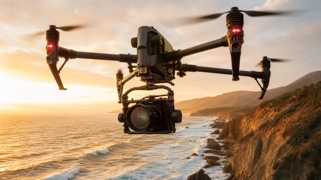 Cinema drone with professional camera flying over a coastline at golden hour