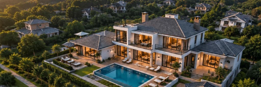 Aerial view of a luxury villa with a swimming pool, landscaped grounds, and warm evening lighting