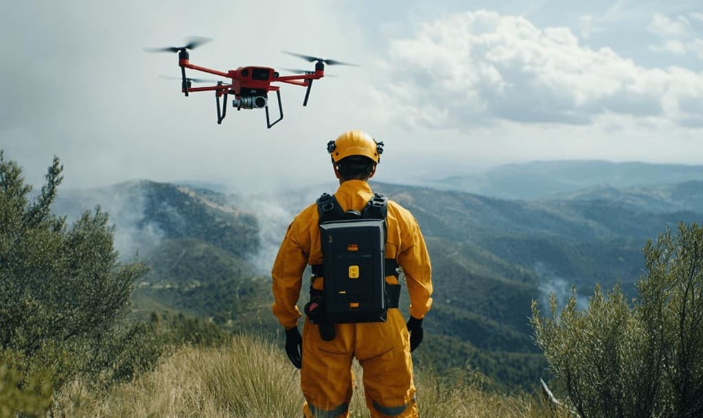 Search and rescue responder with drone monitoring smoke over mountain valleys