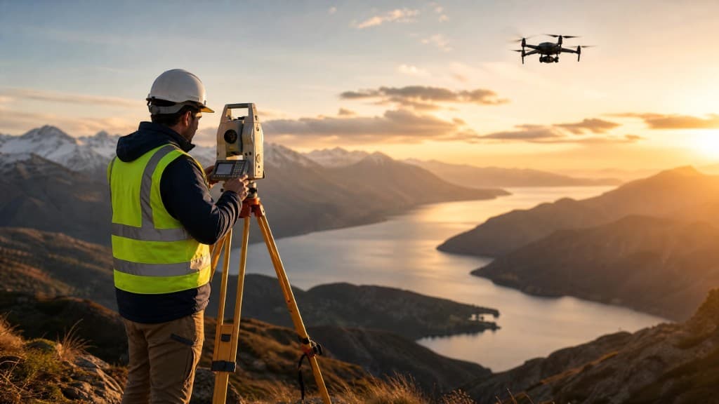 Surveyor with total station and drone over a mountain valley at golden hour